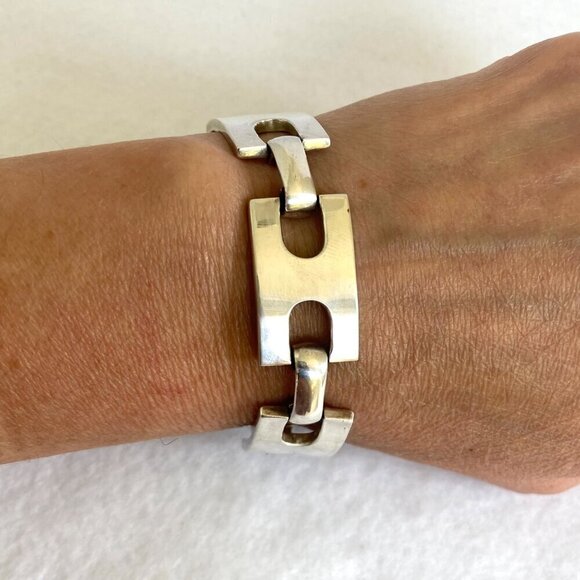 Solid Sterling Silver 925 Heavy Modernist Style Rectangular Link Bracelet 47g - Picture 2 of 16